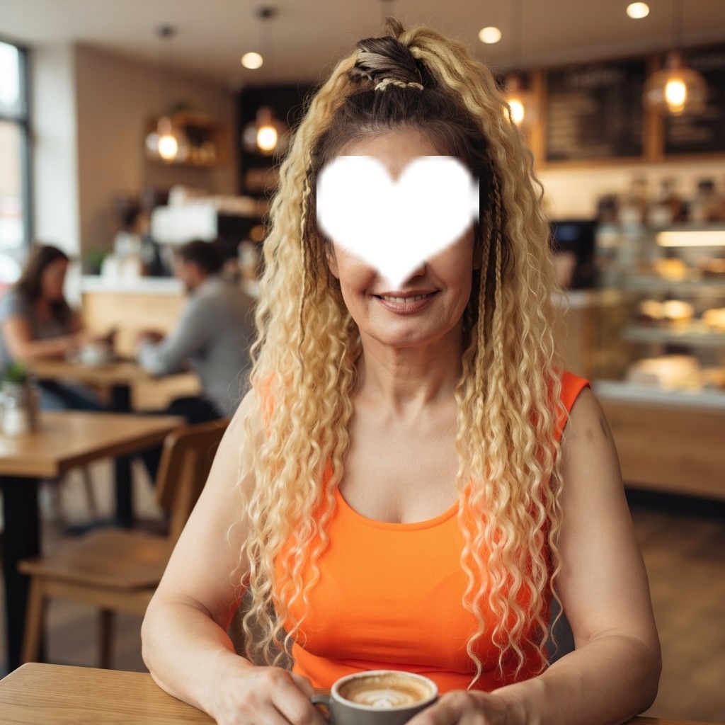 Woman with long curly blonde hair in an orange top sits at a cafe table holding a cup of coffee; face covered by a white heart sticker for privacy.