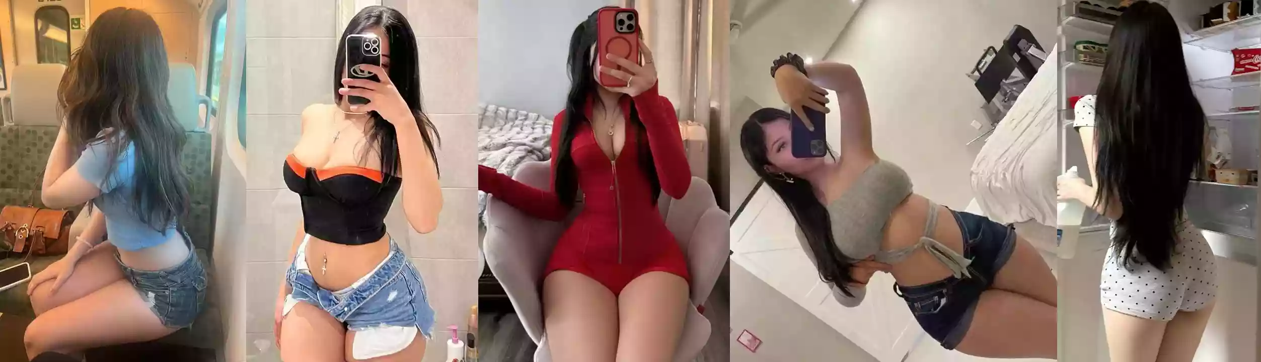 Collage of five photos showing a woman posing in different outfits, mostly denim shorts and crop tops, in various indoor settings.