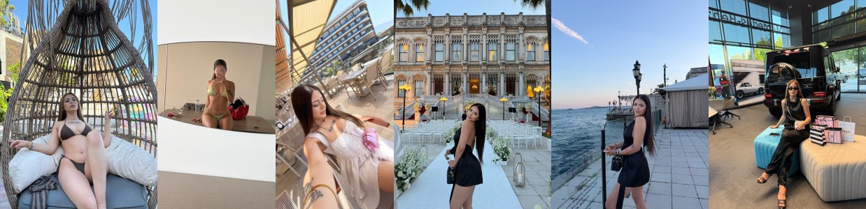 Woman in a bikini lounging in a large woven outdoor egg chair by a sunny backdrop of resort-like scenery (collage panel 1). Panel 2: Woman in a green bikini standing inside a bright, minimalist indoor space. Panel 3: Woman in a light dress taking a selfie on a stylish outdoor terrace with modern architecture. Panel 4: Woman in a black outfit posing in front of a grand historic building with stairs and ornate details. Panel 5: Woman in a black dress posing on a waterfront promenade with a blue sky and railing. Panel 6: Woman in a black outfit seated inside a showroom or lounge area with a car and accessories nearby.