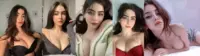Five-panel collage of a woman with long dark hair posing in different outfits: black bra, gray cardigan, striped cardigan, red dress, and reclining pose on a bed.