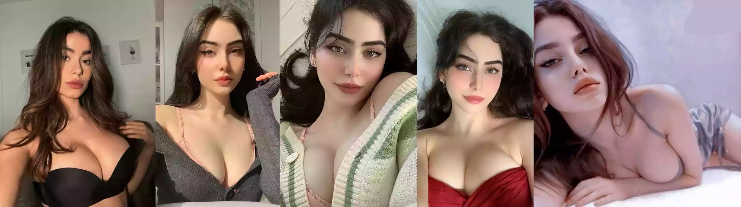 Five-panel collage of a woman with long dark hair posing in different outfits: black bra, gray cardigan, striped cardigan, red dress, and reclining pose on a bed.