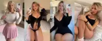 Collage of four mirror selfies featuring a blonde woman in different outfits: white crop top with pink skirt, black lace lingerie, black dress, and a black top on a bed.