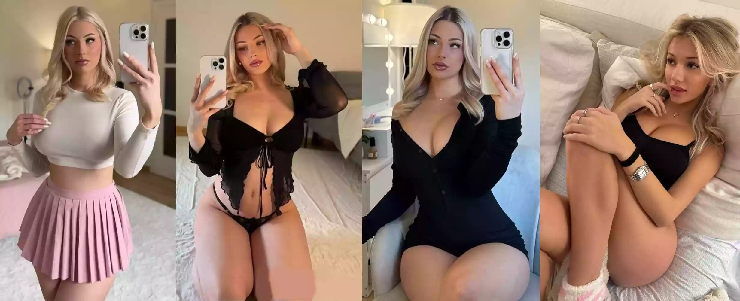 Collage of four mirror selfies featuring a blonde woman in different outfits: white crop top with pink skirt, black lace lingerie, black dress, and a black top on a bed.
