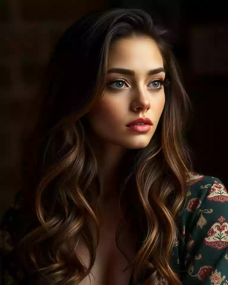 Portrait of a young woman with long wavy brown hair and subtle makeup, gazing off to the side in a dark setting with a floral-patterned top.